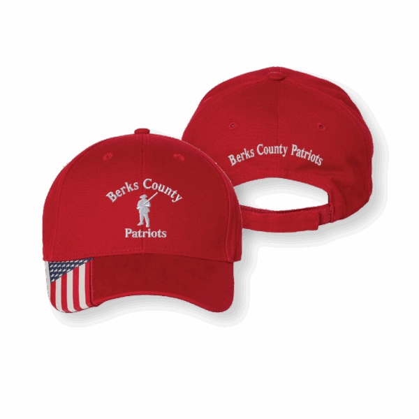 Ball Caps - Cardinal with Berks County Patriots embroidered logo and the USA flag on the right portion of the bill